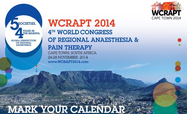 4th World Congress of Regional Anaesthesia and Pain Therapy 2014 is organized AFSRA in Cape Town, South Africa